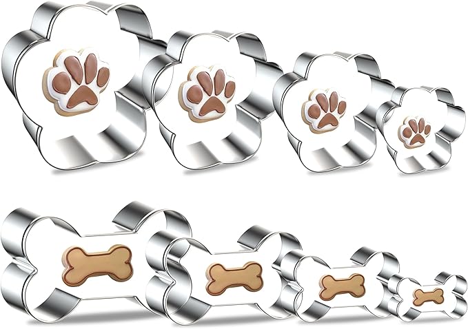 8PCS Dog Bone and Dog Paw Print Cookie Cutters Set, Stainless Steel Metal 4 Sizes Dogs Bone Paw Shape Cookie Cutter, Dogs Theme Party Cookie Cutter Molds for Homemade Treats Baking