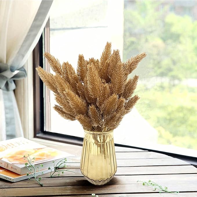 CATTREE Artificial Gold Plants Plastic Fake Grass Faux Shrubs Simulation Bushes Home Indoor Outdoor Garden Leaves Wedding Festival Decoration Hall Table Planter Filler – Golden Pine Cones 4 Pack