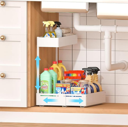 REALINN Expandable Under Sink Organizers and Storage, 2 Tier Under Cabinet Organizer, Heights Adjustable Pull Out Rack for Kitchen Bathroom Laundry, White, 1 Pack