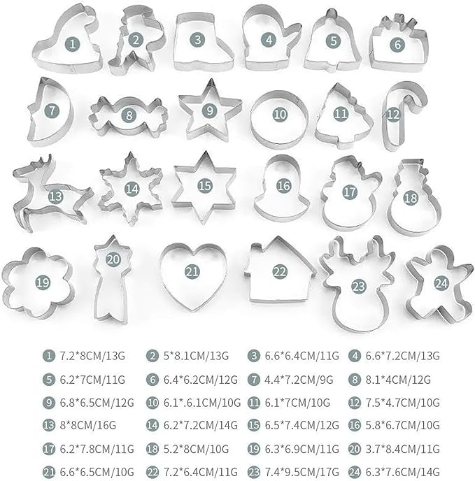 24 Pcs Christmas Cookie Cutter Set, Christmas Tree, Snowflake, Snowman, Gingerbread Man, Gingerbread Girl, Mitten & More Shapes