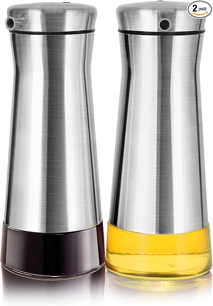 Aelga Olive Oil And Vinegar Dispenser Set -2 Pack Elegant Stainless Steel Oil Dispenser Set- Vinegar Bottle for Kitchen with No-Drip