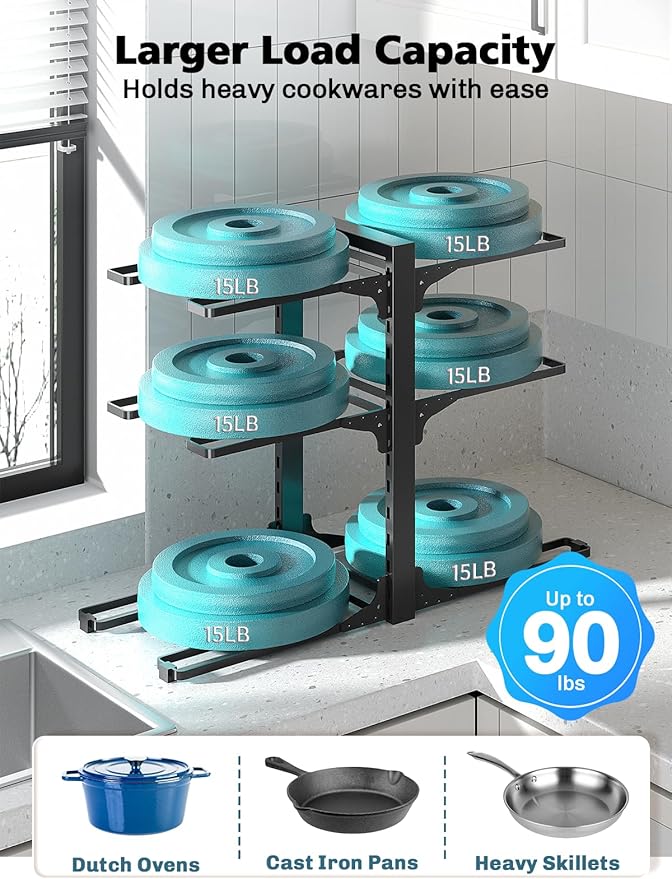 MUDEELA 6-Tier Pots and Pans Organizer under Cabinet, 13.78" Height Heavy Duty Pot and Pan Organizer Kitchen Cabinet Organization and Storage, Adjustable Pot Rack for Frying Pan, Cast Iron Skillet