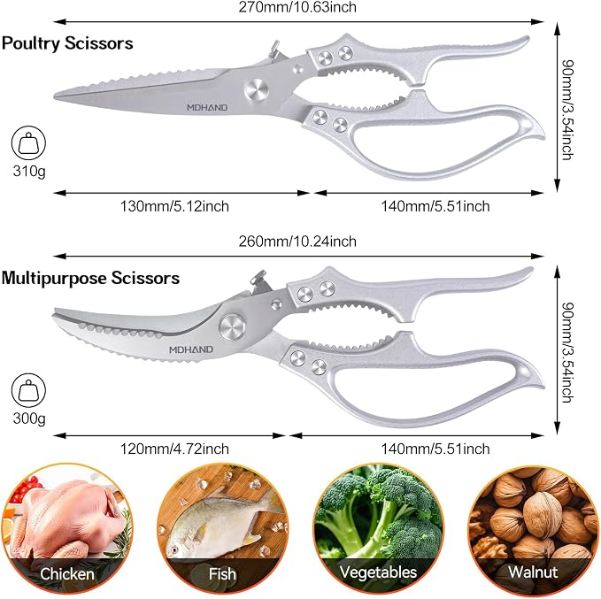 MDHAND Kitchen Shears Set, Heavy Duty Poultry Shears with Anti-Slip Handle & Safety Lock, Kitchen Food Scissors for Meat Chicken Fish Turkey Vegetables, Dishwasher Safe Cooking Scissors, Spring Loaded