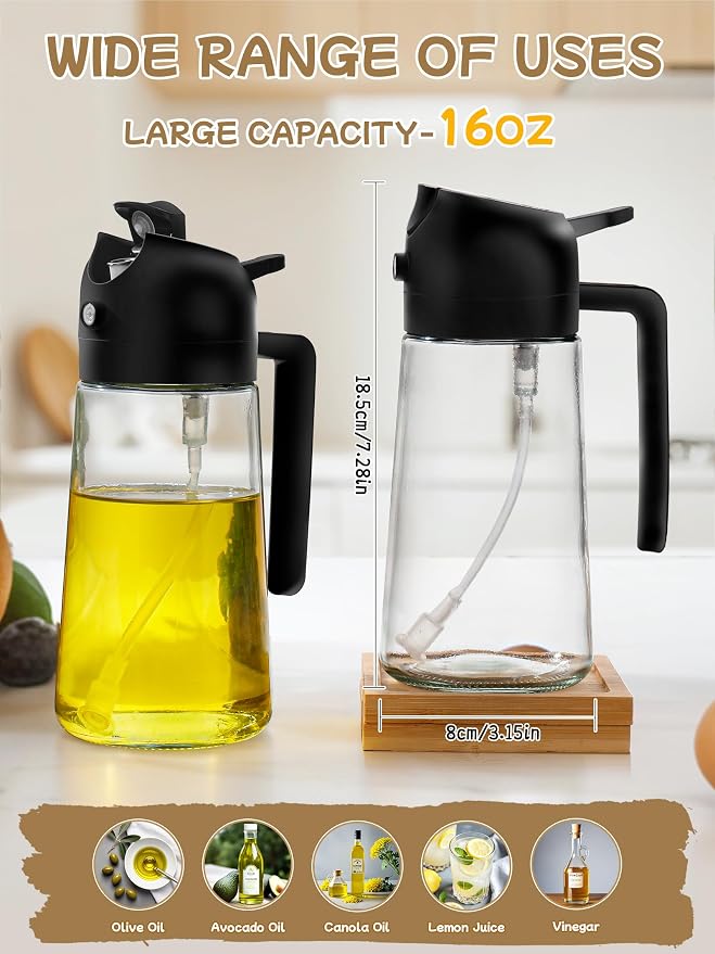 Kitchen Gadgets Oil Sprayer for Cooking 2pcs,Oil Dispenser for Kitchen,2 in 1 Oil Dispenser and Oil Sprayer,16oz Olive Oil Dispenser Bottle for Air Fryer,Salad, Grill (Black KitchenAccessories)
