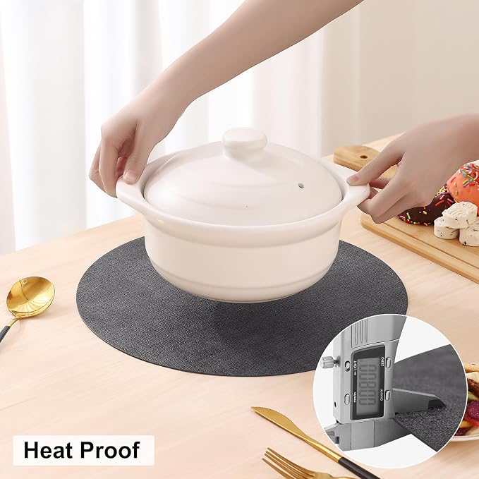 homing Round Faux Leather Placemat and Coaster 8 Packs, Washable Heat Resistant Dining Place Mats, Wipeable Double-Sided Table Mats for Indoor and Outdoor, Diameter 13 and 3.93 inch, Charcoal