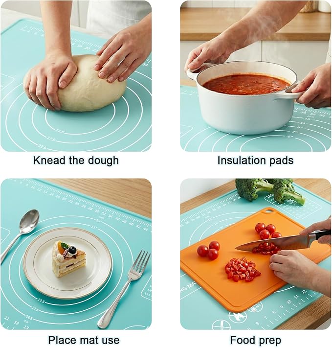 Silicone Pastry Mat 28" x 20" Extra Thick Silicone Baking Mat with Measurements and Edge Heightening Non-stick Food Grade Dough Rolling Mat Kneading Sheet for Pastry, Bread, Cookies (Mint Green)
