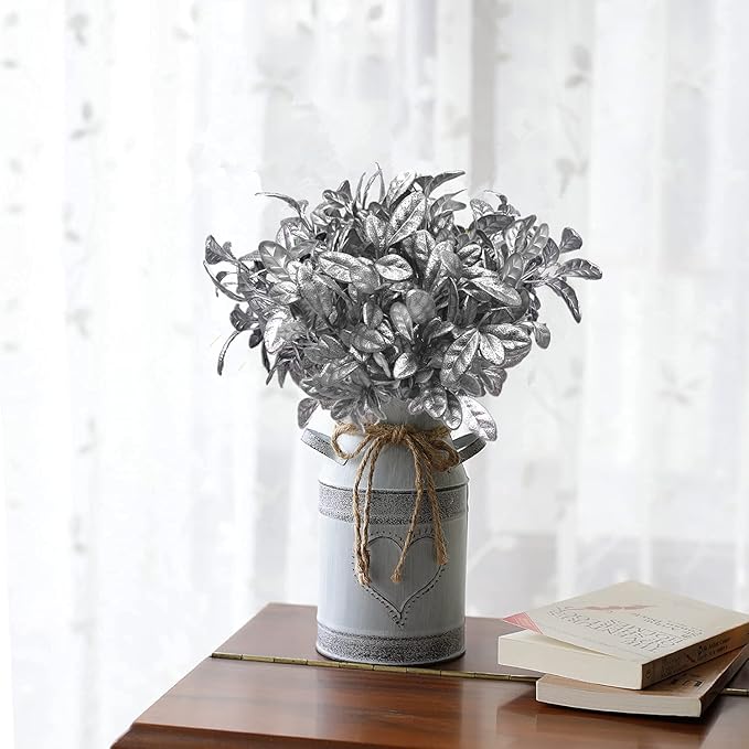 CATTREE Artificial Silver Leaves Christmas Plants 4 Pack, Plastic Leaf Bouquet Faux Gold Plant Fake Shrubs Simulation Bushes for Wedding Hall Table Centerpieces Floral Arrangement Filler DIY Décor