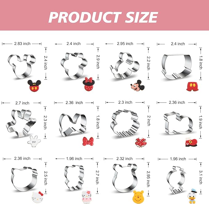 Mouse Kitty Winnie the Pooh Cookie Cutter Set Stainless Steel Sandwich Biscuit Fondant Cutters for Kids DIY Lunchbox Bento Box Fruit Cutters Cake Decoration, Pack of 12 (Cartoon Cookie Cutters Set)