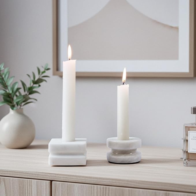 Marble Candle Holder Set of 3, White Natural Stone Candlestick Holders, Handmade Taper Candle Stick Holder, Elegant Modern Home Decor, Table Centerpiece for Living Room, Dining & Wedding Gift