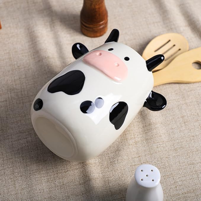 Ceramic Cartoon Cow Shaped Kitchen Utensil Holder, Large Cooking Utensil Crocks, Ceramic Utensil Organizer for Spatula, Kitchen, Home Decoration