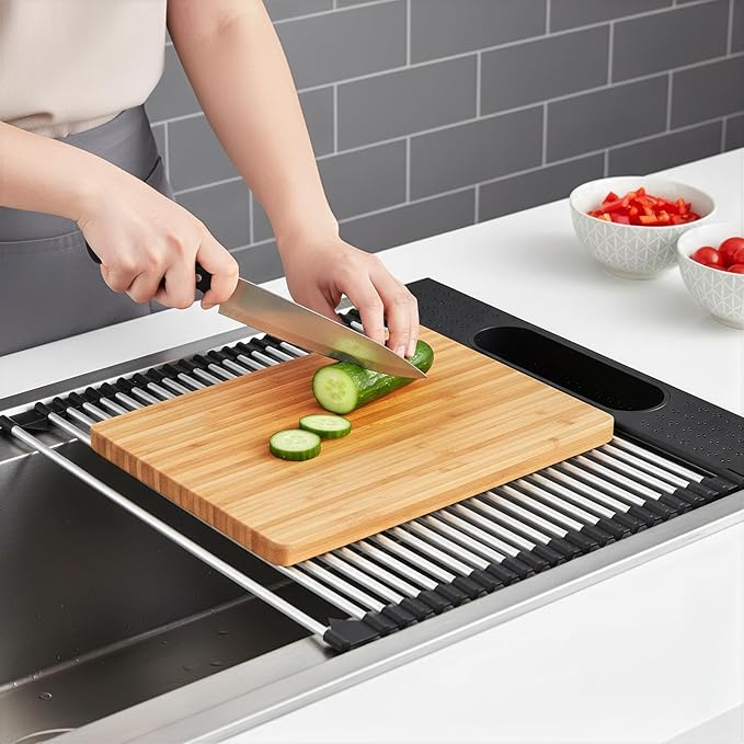 Roll Up Dish Drying Rack Over Sink, 17.5" x 15.2" Foldable SUS304 Stainless Steel Kitchen Dish Drainer, Heat-Resistant Multipurpose Rolling Sink Rack Organizer,Black