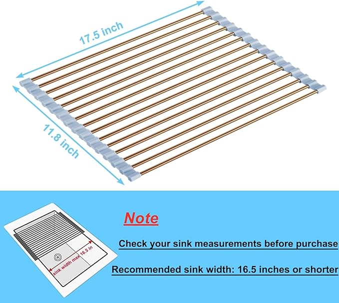 Seropy Roll Up Dish Drying Rack Over The Sink Drying Rack for Kitchen Counter, Rolling Dish Rack Over Sink Mat, Foldable Dish Drainer Stainless Steel Rack Kitchen Organization Gold 17.5"x11.8"