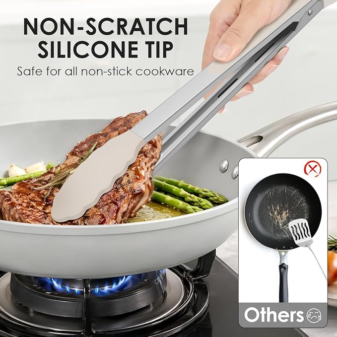 HOTEC Silicone Kitchen Tongs Set of 2-9" and 12" Locking Stainless Steel Cooking Tongs with Silicon Tips Non-Scratch Heat Resistant 600°F for BBQ, Grill, Air Fryer & Serving, Khaki