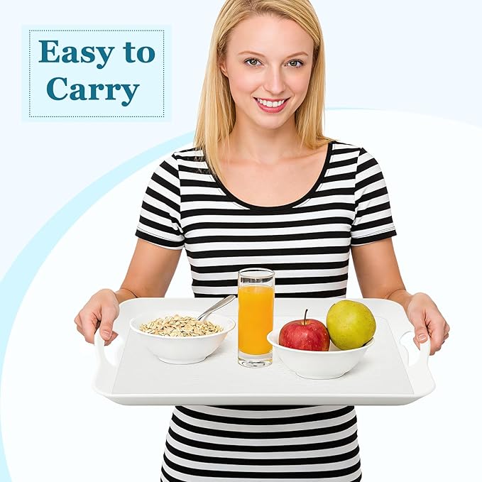 3 Pack Serving Trays with Handles, 16 x 11 inch Rectangular Plastic Serving Platter, Food Serving Tray for Restaurant Buffets, Diners, School Lunch(White)
