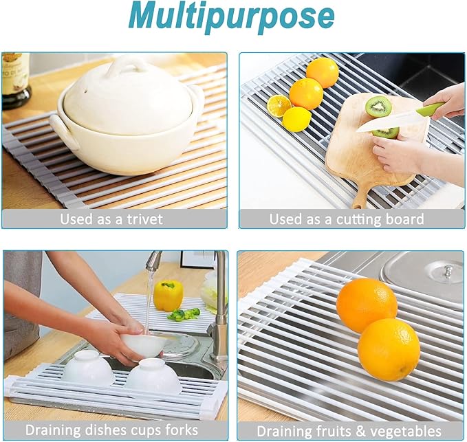Dish Drainer, White Roll Up Dish Drying Rack, Over Sink Drying Rack with Silicone-Coated, Heat-Resistant Anti-Slip Dry Rack for Dishes Cups Fruits Vegetables - 17" x 13"