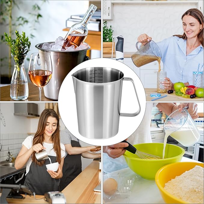 QWORK 304 Stainless Steel Measuring Cup 48 OZ with OZ/ML Graduations, 6 Cup Kitchen Mixing Pitcher, Precision Engraved Markings, Container for Baking and Frothing, 2 Liter