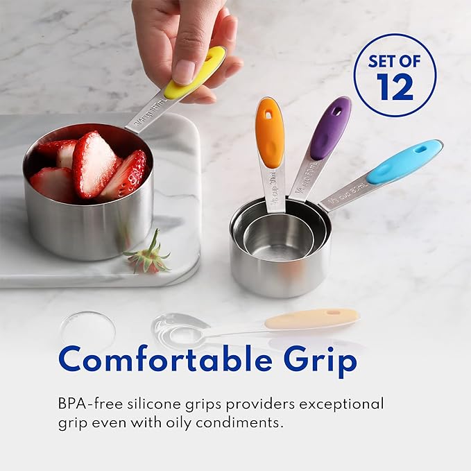 New Star Foodservice Professional Stainless Steel 18/8 12-Piece Measuring Cup and Spoon Set