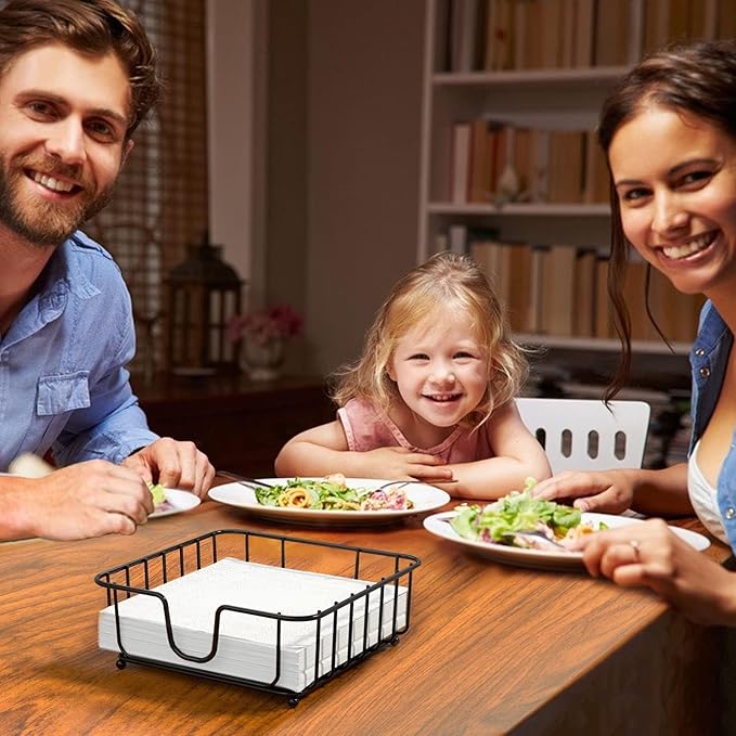 Napkin Holder for Table, Napkin Holders for Paper Napkins, Flat Metal Black Napkin Holders for Kitchen & Dining Table, 6.9" x 6.9" x 2.2" Inside Size (Black)