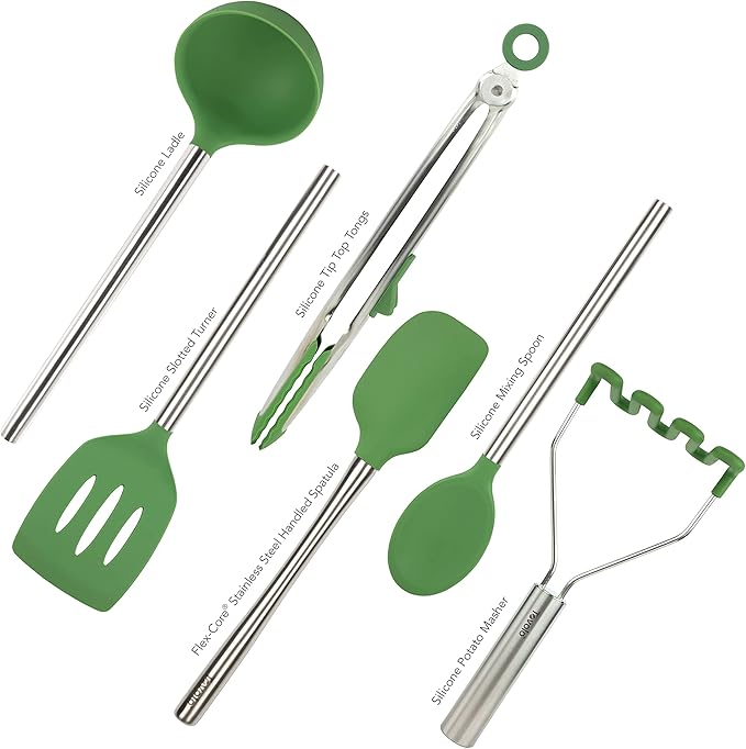 Tovolo Silicone Cooking Utensil Set of 6 Stainless Steel Handle Ladle Slotted Turner Tongs Flex Core Spatula Scraper Mixing Spoon & Potato Masher, Dishwasher Safe BPA Free Utensils, Pesto Green
