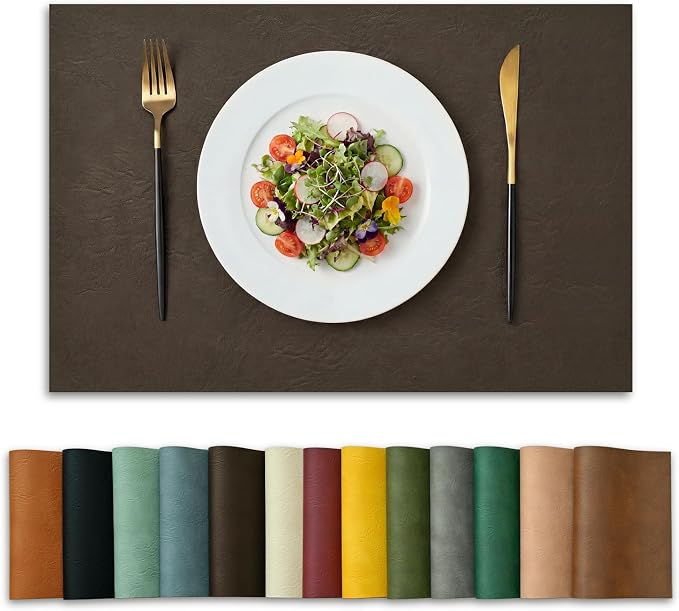 Artoid Mode Coffee Faux Leather Placemats Set of 8, 12x18 Inch Waterproof Wipeable Heat Resistant Vinyl Place Mats, Reversible Table Mats for Kitchen Dining Decor