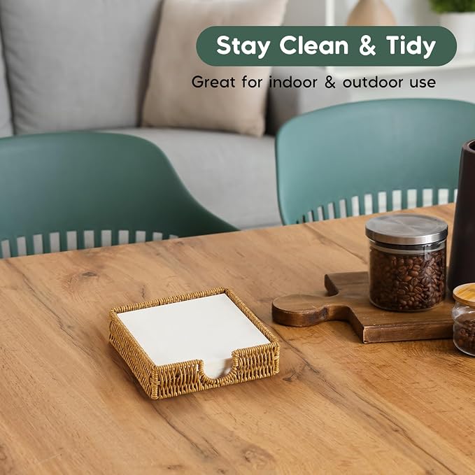 Napkin Holder for Table, Woven Wicker Synthetic Rattan Napkin Holders For Paper Napkins, Napkin Holders for Kitchen Dinner Table Boho Decor and Accessories, Square Napkin Basket and Serving Tray