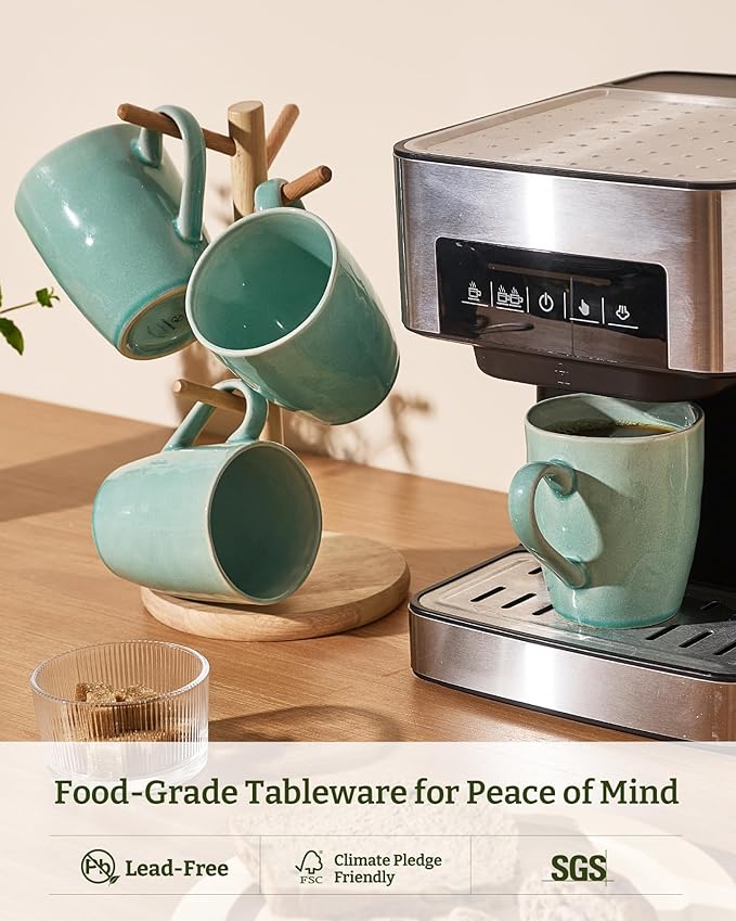 famiware Aurora Coffee Mugs, 14oz Mug Set of 4, Stoneware Mug, Cups for Kitchen, Cappuccino, Latte, Reactive Glaze, Microwave Safe, Scractch-resistant, Mint Green