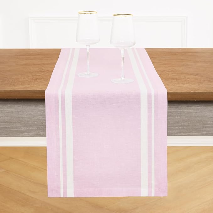 Solino Home Linen Table Runner 72 Inches Long - 100% Pure Linen White and Dusty Pink French Stripe Table Runner 14 x 72 Inch for Dining, Dresser, Spring, Summer