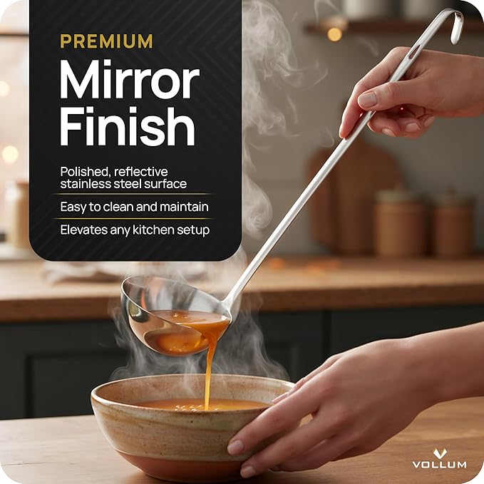 Vollum Metal Ladle Stainless Steel – Heavy Duty One-Piece Large Soup Ladle with Long Handle for Gravy, Stew, Sauce – Kitchen Utensils for Cooking - 6 Ounce (3.6" Bowl Diameter, 12.1" Handle Length)