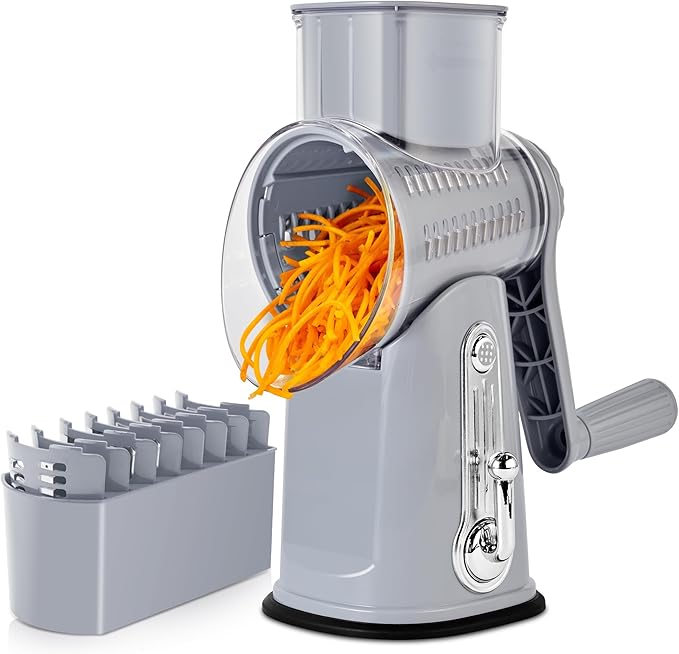 SUSTEAS Rotary Cheese Grater with Handle - Vegetable Shredder with 5 Well-designed Blades & Strong Suction Base,Round Mandoline Slicer & Food Chopper for Kitchen,with Blade Storage Box(Gray)
