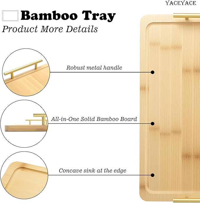 Serving Tray with Metal Handles, 14" x9.5 x1.75 Medium Bamboo Serving Trays for Home Decor, Bathroom, Kitchen Counter, Coffee Table