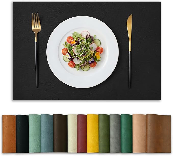 Artoid Mode Black Faux Leather Placemats Set of 4, 12x18 Inch Waterproof Wipeable Heat Resistant Vinyl Place Mats, Reversible Table Mats for Kitchen Dining Decor