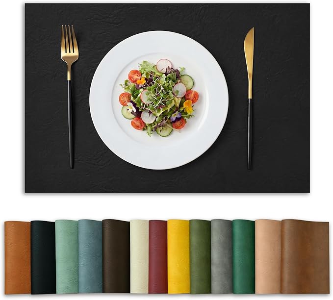 Artoid Mode Black Faux Leather Placemats Set of 6, 12x18 Inch Waterproof Wipeable Heat Resistant Vinyl Place Mats, Reversible Table Mats for Kitchen Dining Decor