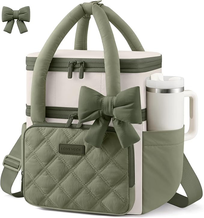 LOVEVOOK Insulated Lunch Bag Women,Expandable Double Deck Adult Lunch Box Women with Cup Holder,Bow Quilted Puffer Lunch Tote,Large Leakproof Collapsible Cooler Bag for Work College Picnic Meal Prep