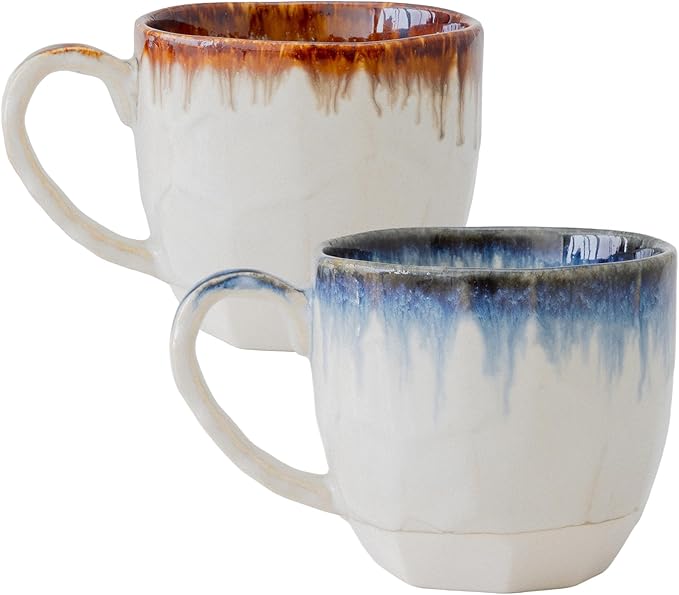 Asayu Japan Drip Blue & Brown Ceramic Cup Set – Handmade Japanese Mugs with Glazed Rim Effect (Set of 2)