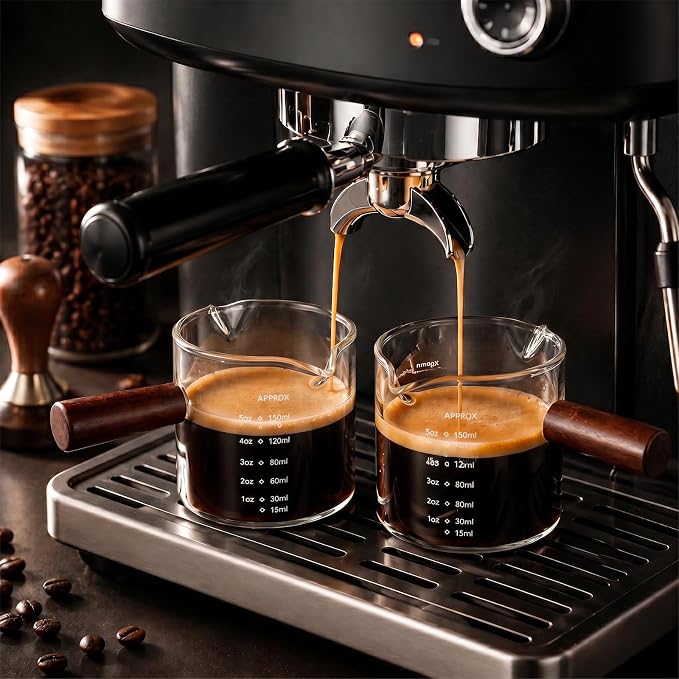 5oz Espresso Cups Set of 2, Double Spout Clear Borosilicate Glass with Anti-Scalding Wooden Handle, Heat Resistant Small Glass Mug for Double Shot Espresso, Latte, Cappuccino, Coffee Accessories