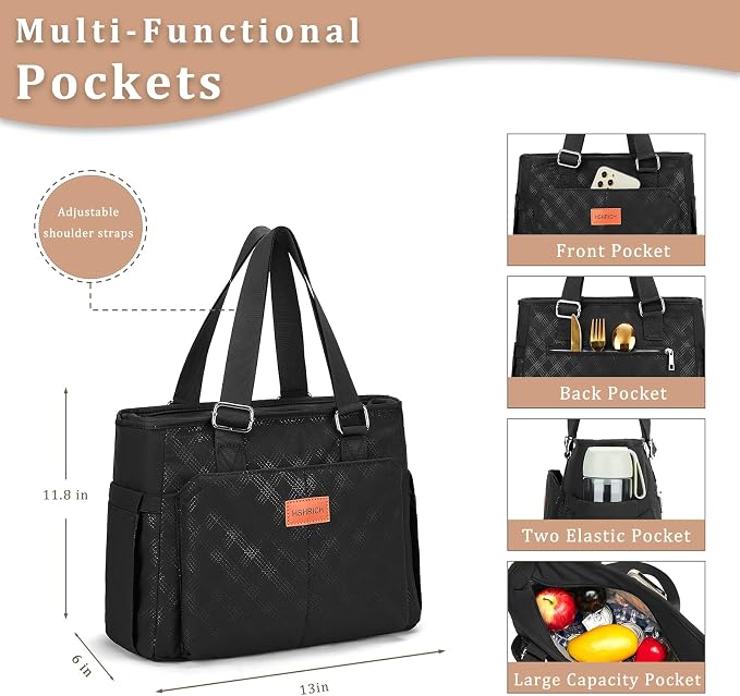 HSHRICH Large Women Lunch Bags for Work/Insulated Cooler Lunch Box with Side Pockets, 14L Capacity, Black