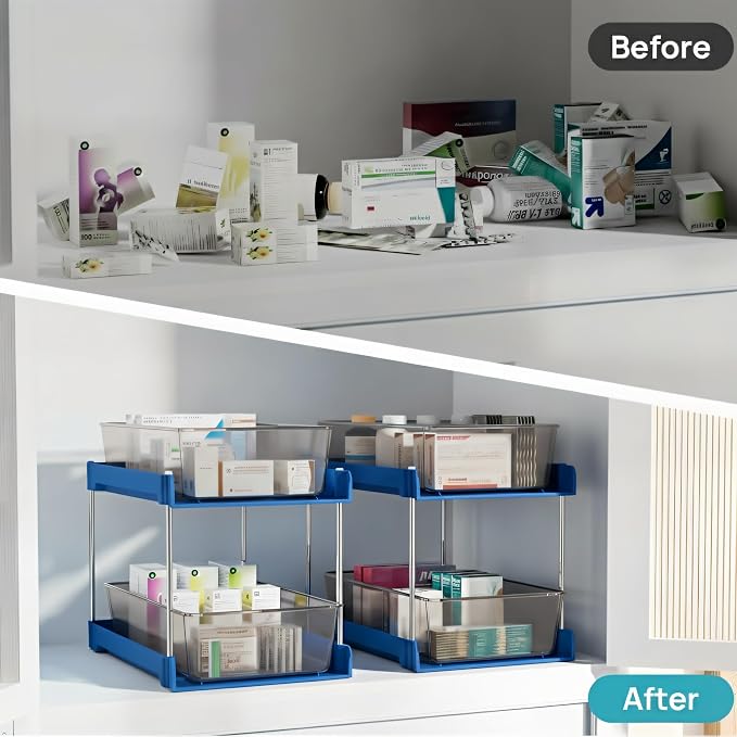 2 Pack Bathroom Organizer,2 Tier Blue Under Sink Organizers Vanity Countertop Storage Container,Cabinet Drawers Bins, Pull-Out Organization with Track for Pantry, Kitchen