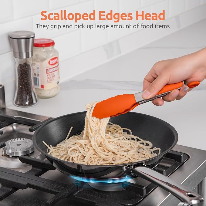 600ºF Heat Resistant Kitchen Tong: U-Taste 7 inch Silicone Cooking Tong with Firm Sealed Non Stick Rubber Tips & Silicon Coated 18/8 Stainless Steel Handle & Smooth Locking for Serving Salad (Orange)