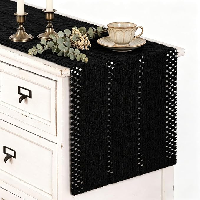 MLMC Black Boho Table Runner Farmhouse Macrame Woven Table Runner 72 inch Long Rustic Cotton Linen Blend Table Decor for Dinning Kitchen Wedding Bridal Shower Eveyrday Use 12x72 Inch