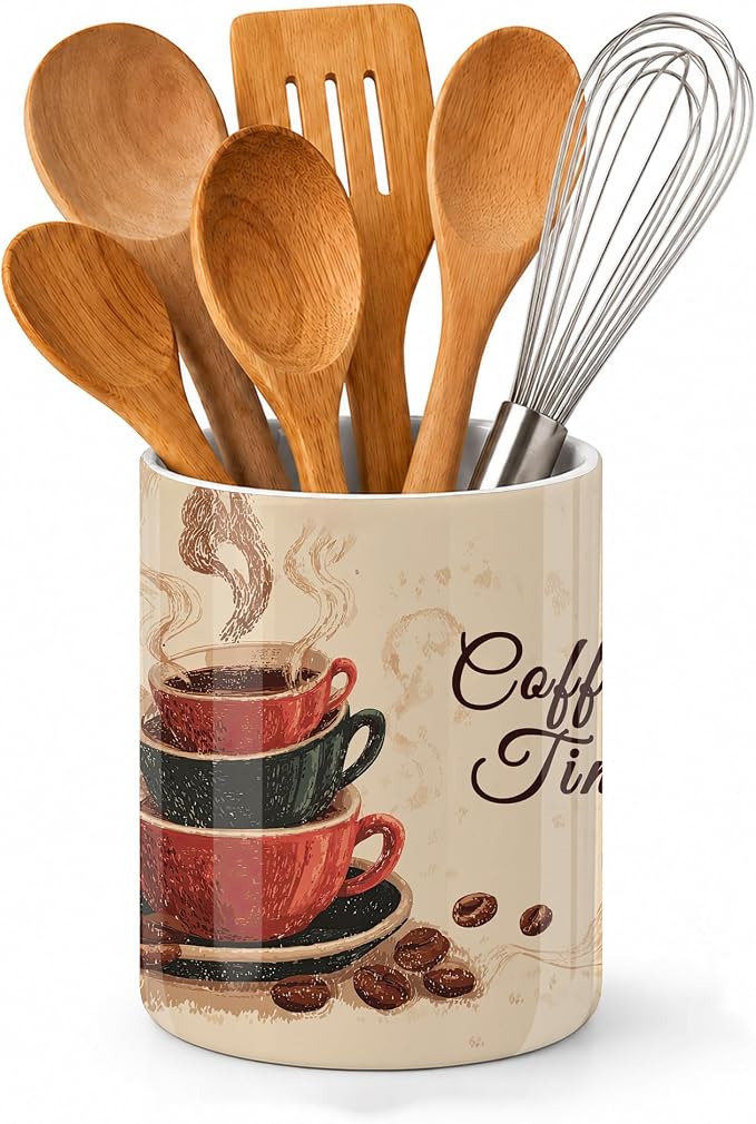 Kitchen Utensil Holder,Vintage Coffee Large Ceramic Utensil Crock for Countertop,Cooking Utensil Organizer for Spatulas,Spoons