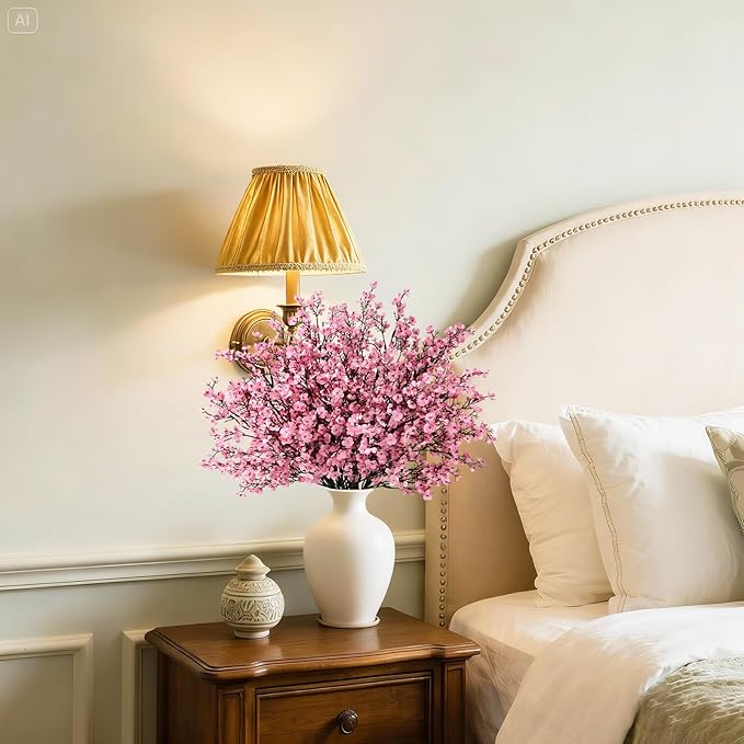 Waipfaru 15Pcs Fake Flowers Babys Breath Silk, Real Touch Pink Artificial Flowers Bulk with Bendable Stems, Pink Faux Flowers Babys Breath for Valentine's Day Spring Wedding Party Decor