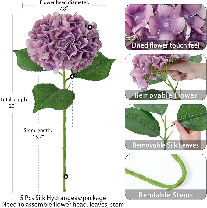 ZYTUYO 5 Pcs Light Purple Silk Hydrangeas Artificial Flower - 20" Faux Hydrangeas Boho Dried Touch for Fall Home Decor, Kitchen, Living Room, Porch Wreath, Xmas, Wedding Flower Arrangement