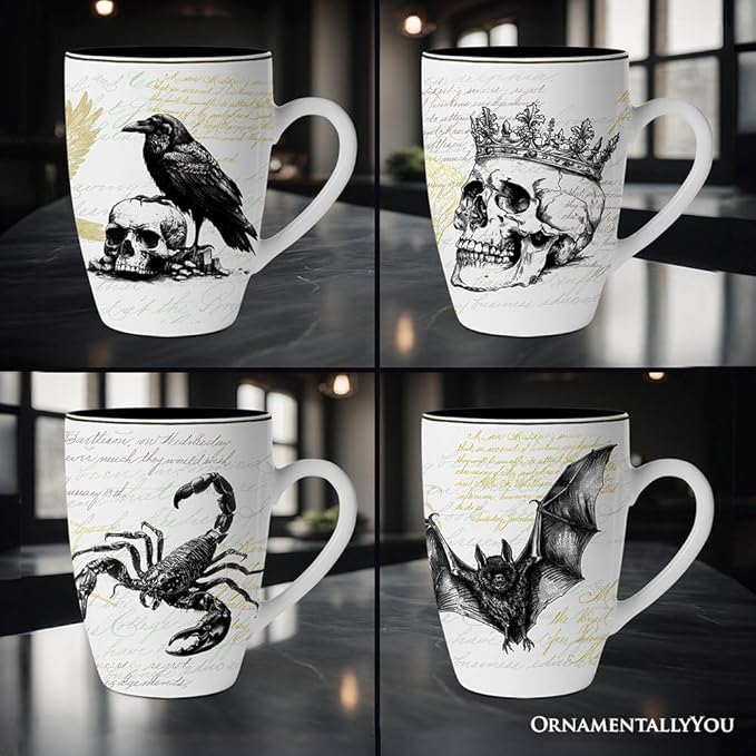 OrnamentallyYou Coffee Mug Holiday Kitchen Drinkware, Multiple Designs Available (Elegant Goth Set of 4 Ceramic Mugs)