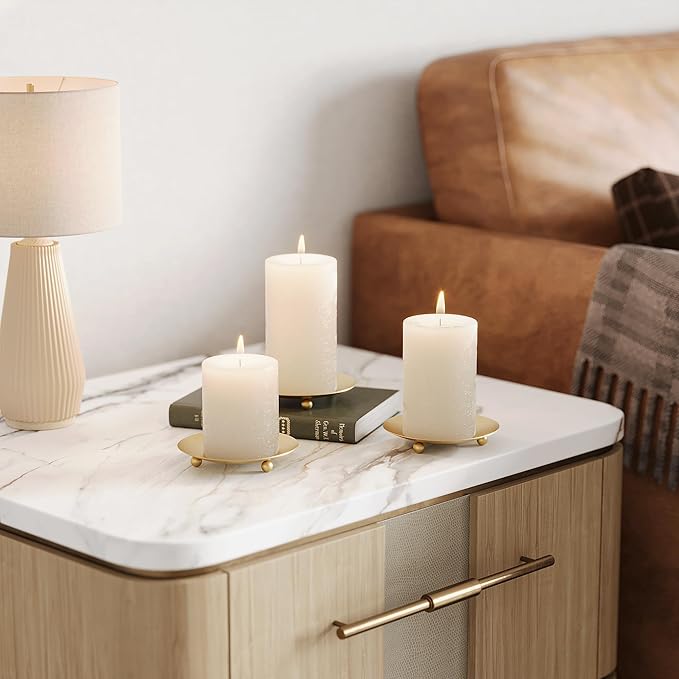 Gold Candle Holders for Pillar Candles, Set of 6 Premium Metal Candle Plates Candle Stand for LED or Wax Candles, Decorative Pillar Candle Holder Dish for Table Centerpiece