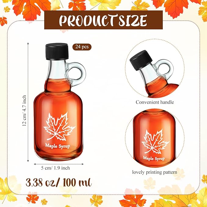 Havawish 24 Pcs 3.4 oz Glass Maple Syrup Bottles Mini Syrup Container with Loop Handle and Plastic Lids, Small Empty Jars for Oil Storage Gift