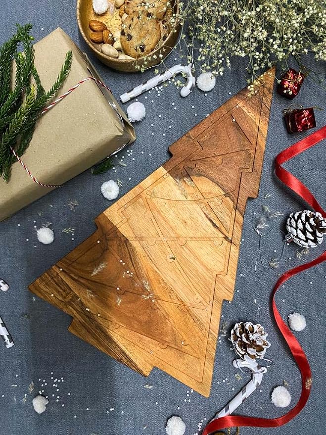 Affinity Decor Christmas Tree Cutting Board for Kitchen, Tree Shaped Wood Cutting Board, Wooden Serving Tray for Cheese, Charcuterie Platter (Lighting Christmas Tree Board 15"L x 9"W)