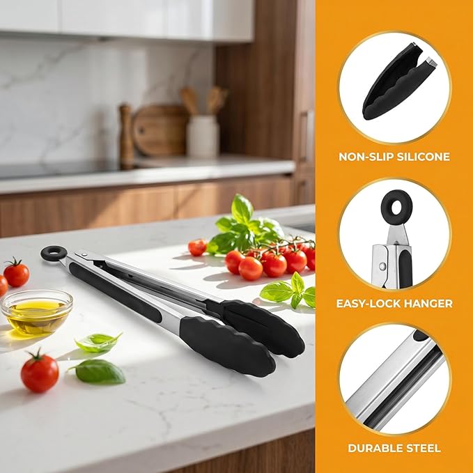 Kitchen Tongs for Cooking, Set of 4 with Oil Brush (7" 9" 12"), Heat Resistant 572°F Stainless Steel, Heavy Duty Metal Locking Tongs with Silicone Tips, Black, BBQ Grilling Dishwasher Safe