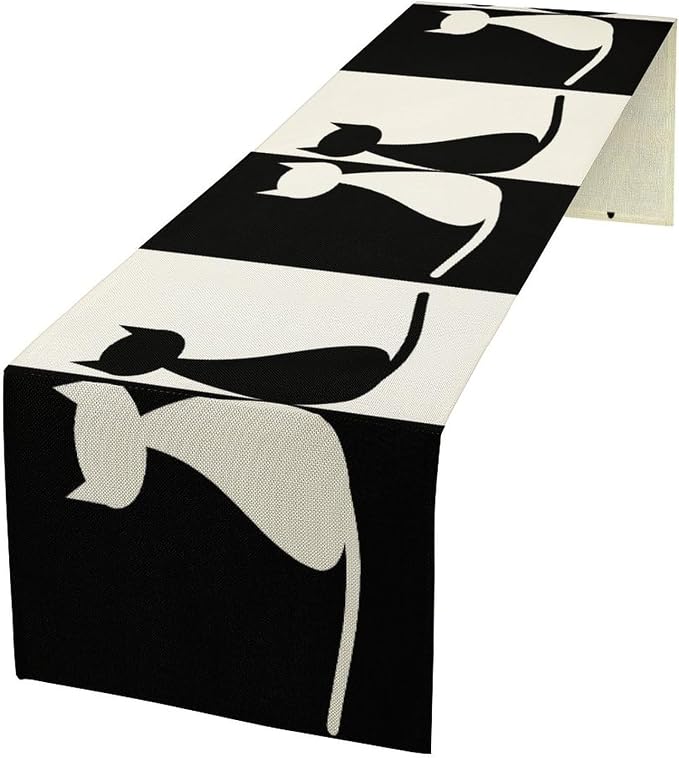 Cartoon Cat Table Runner, Black and White Minimalist Style Abstract Cartoon Patchwork Cat Plant Table Decor Table Top Dining Kitchen Wedding Party 13x108 Inch