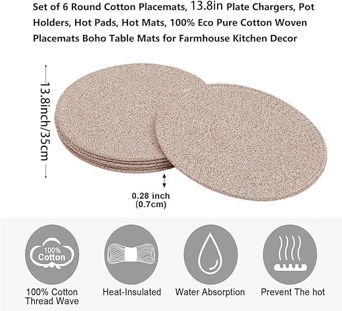 6Pcs Round Cotton Woven Placemats, 13.8'' Mix Brown Woven Vintage Place Mats, Woven Plate Chargers Wicker Tablemats Farmhouse Boho Braided Heat Resistant Outdoor Placemat Patio Table Mats