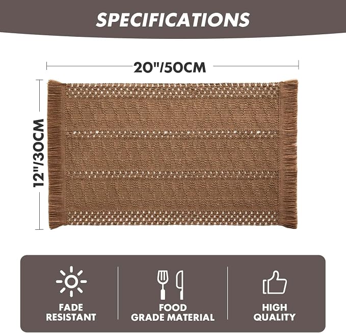 ZeeMart Macrame Style Boho Placemats Set of 4, Caramel 12x20 Inch | Decorative Farmhouse Table Mats, Natural Cotton Woven Place Mats, Bohemian Home Decor for Kitchen Dining Table